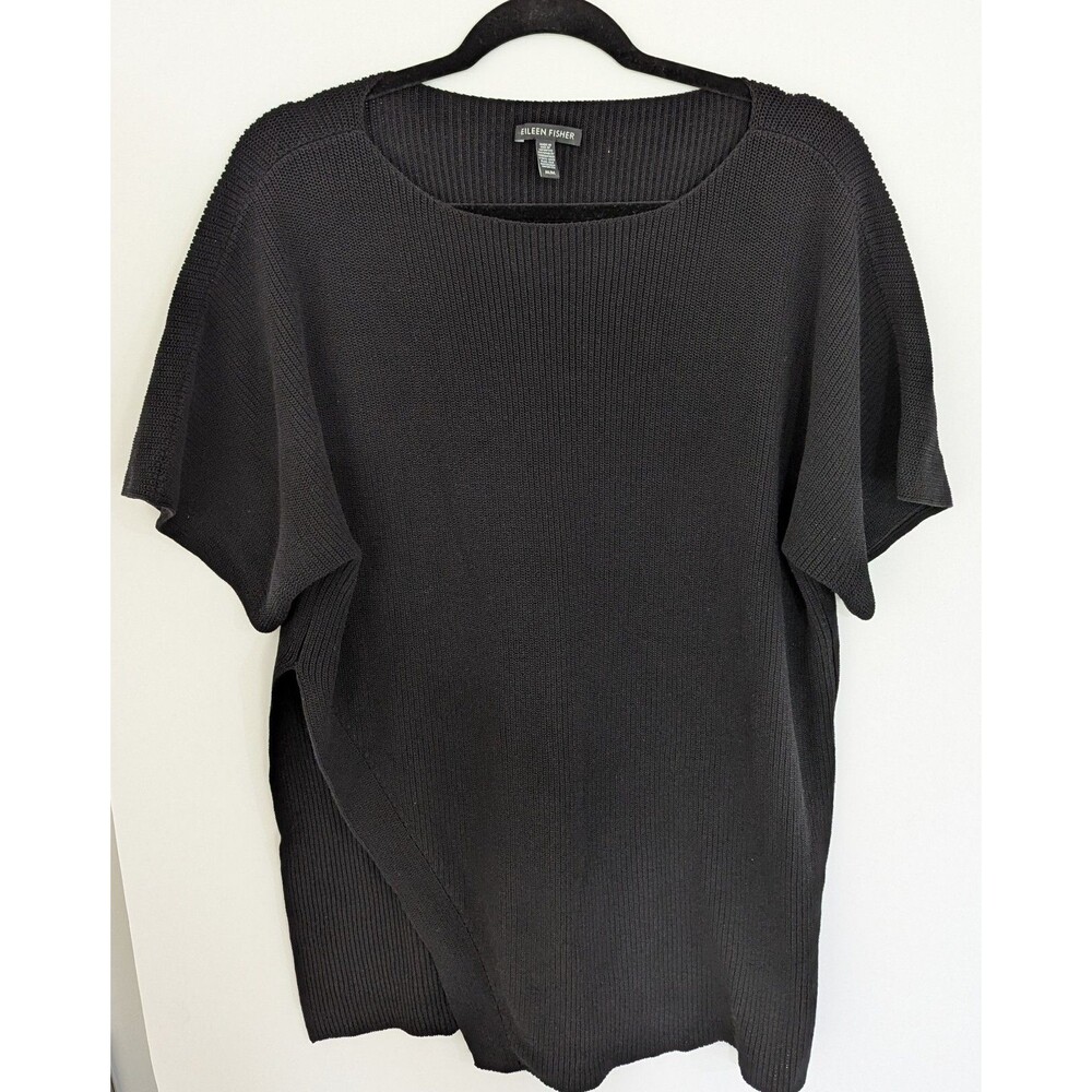 Eileen Fisher Medium Short Sleeve Solid Black Dolman Sweater Organic Cotton